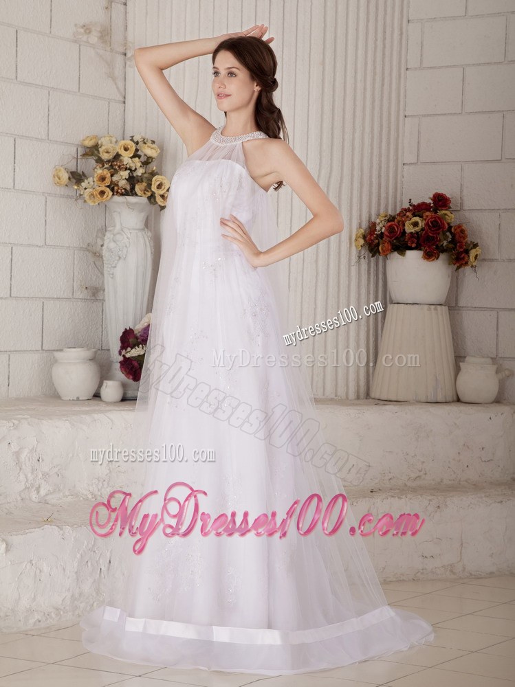 Perfect Column High-neck Brush Train Beading Wedding Dress