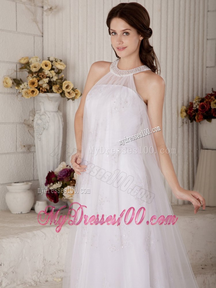 Perfect Column High-neck Brush Train Beading Wedding Dress