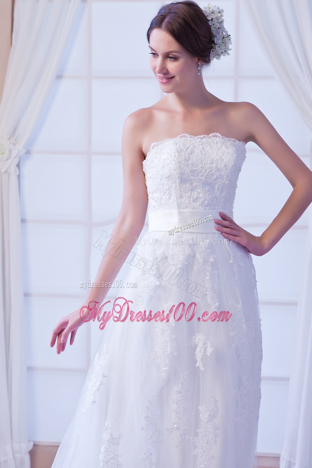 Perfect Column Strapless Court Train Lace Sashes Wedding Dress