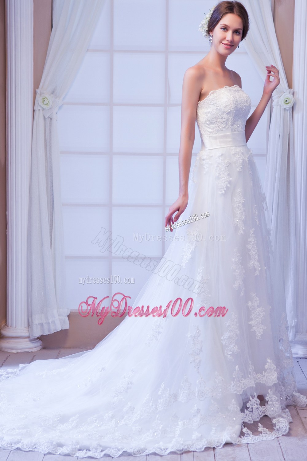 Perfect Column Strapless Court Train Lace Sashes Wedding Dress