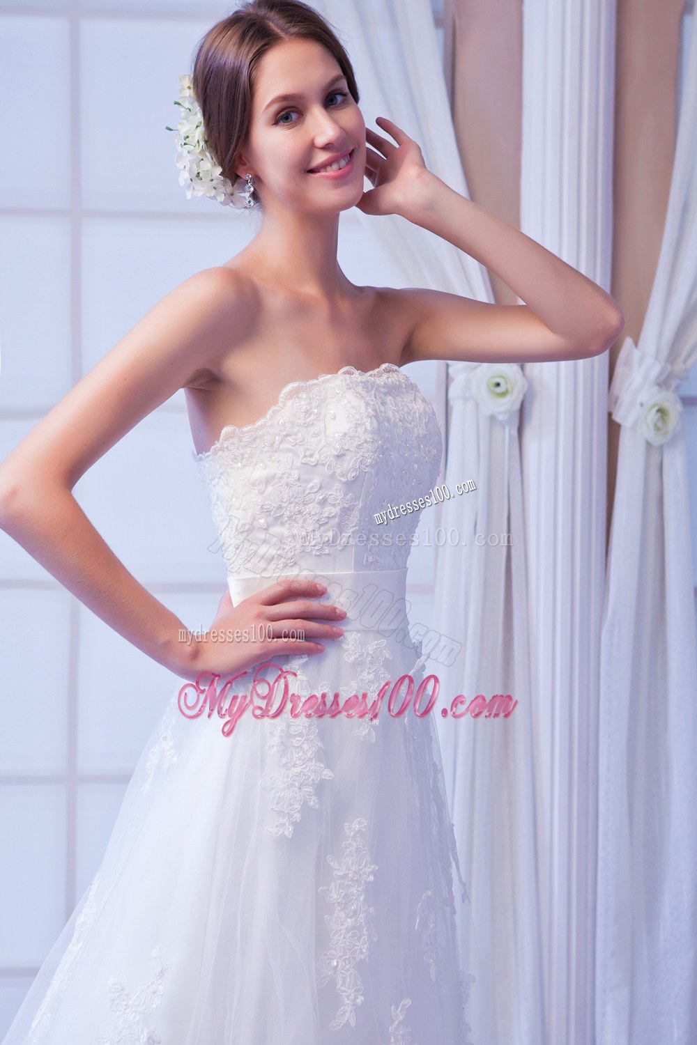 Perfect Column Strapless Court Train Lace Sashes Wedding Dress