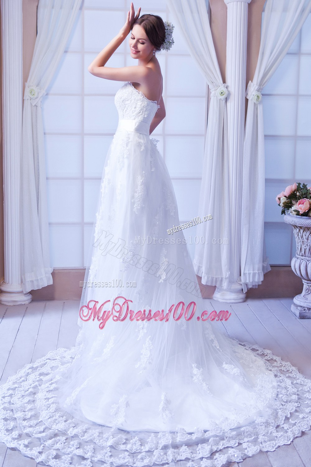 Perfect Column Strapless Court Train Lace Sashes Wedding Dress