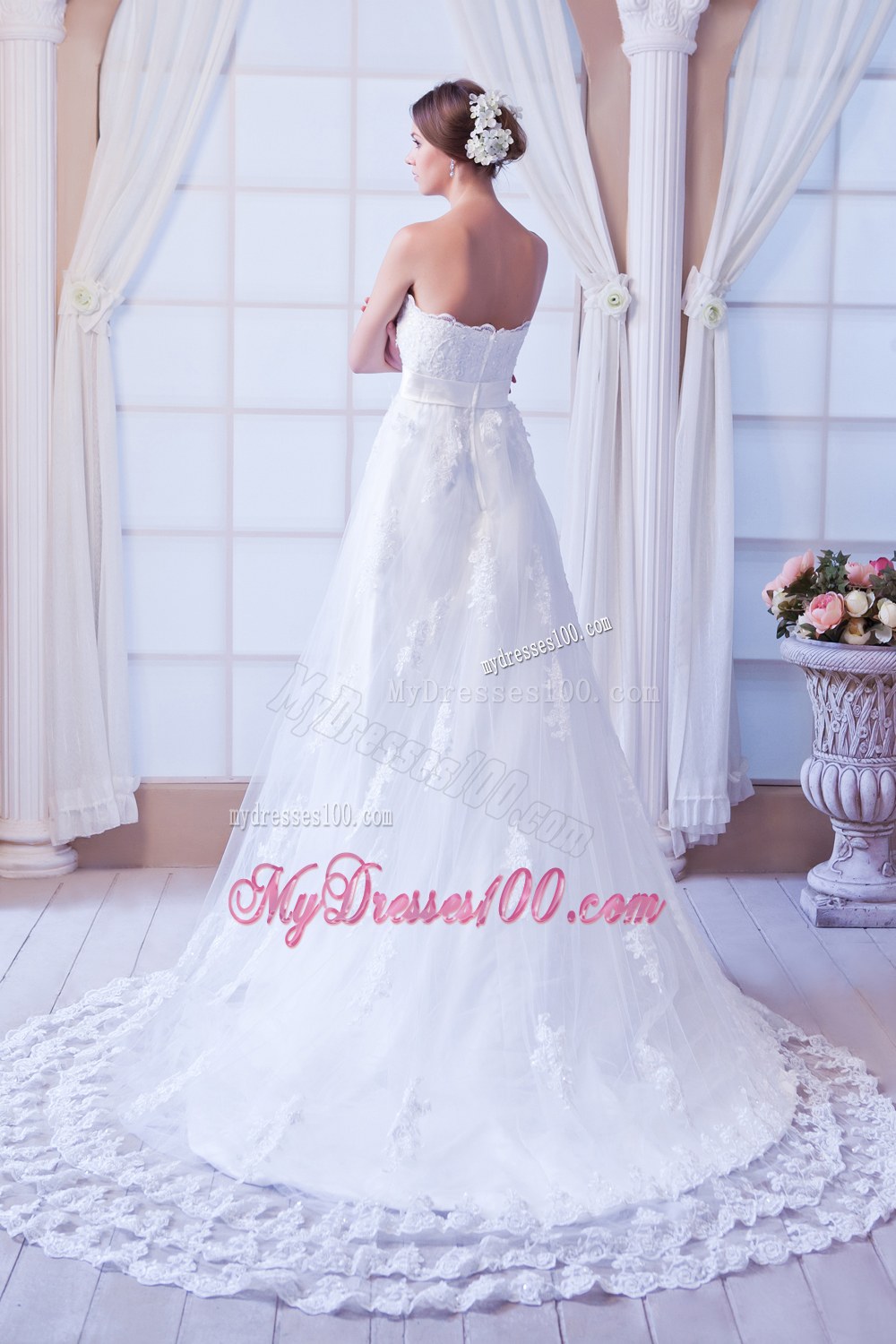 Perfect Column Strapless Court Train Lace Sashes Wedding Dress