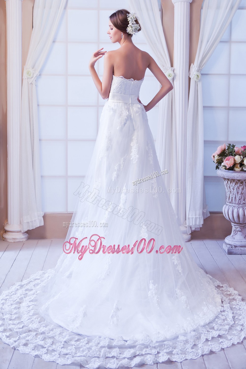 Perfect Column Strapless Court Train Lace Sashes Wedding Dress