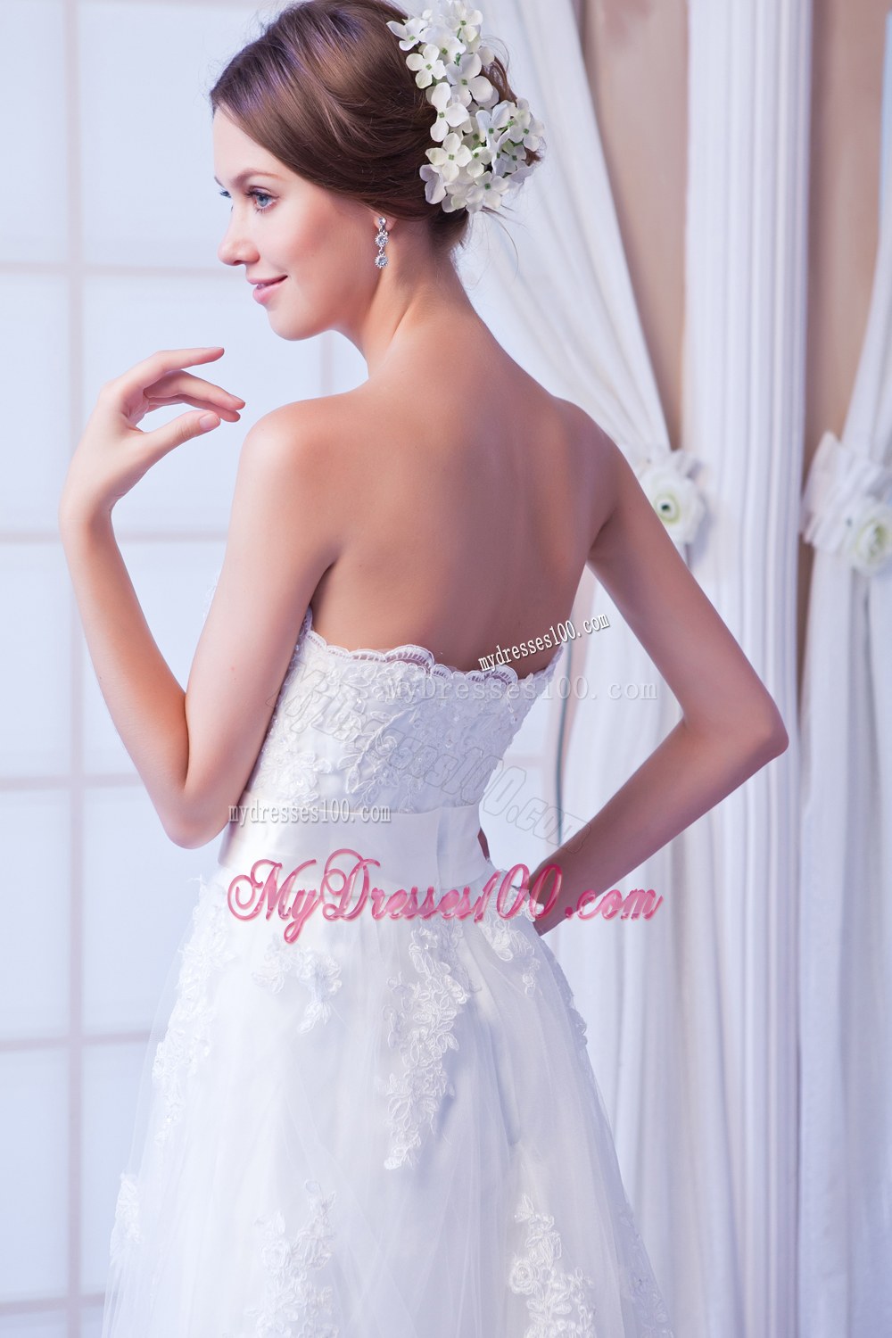 Perfect Column Strapless Court Train Lace Sashes Wedding Dress