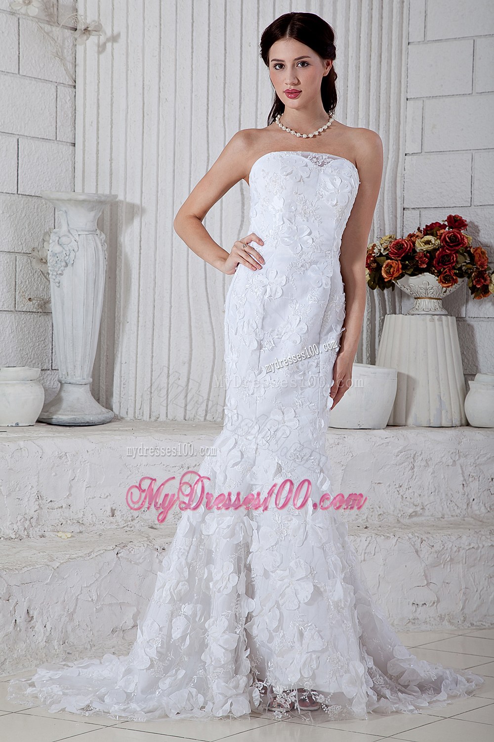 Mermaid Strapless Brush Train Special Fabric Wedding Dresses