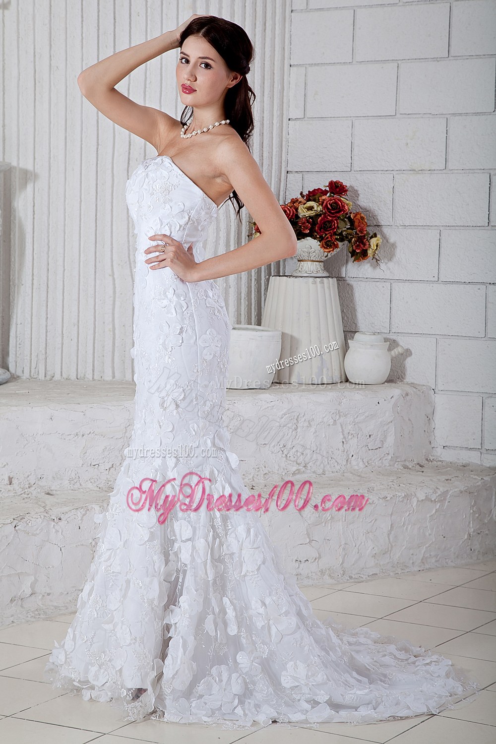 Mermaid Strapless Brush Train Special Fabric Wedding Dresses
