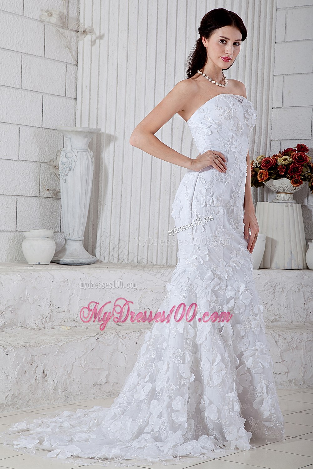 Mermaid Strapless Brush Train Special Fabric Wedding Dresses
