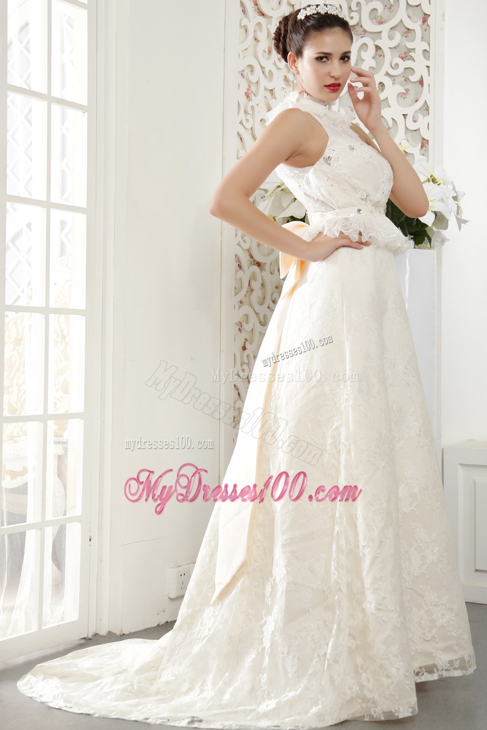 Popular High-neck Lace Beading and Ruches Wedding Dresses