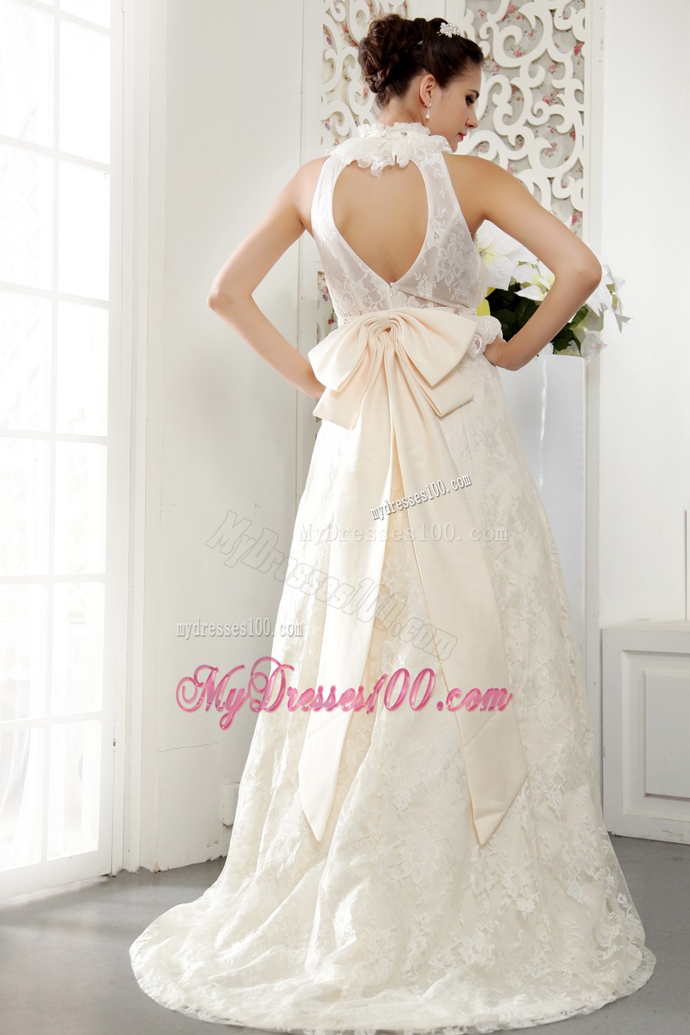 Popular High-neck Lace Beading and Ruches Wedding Dresses