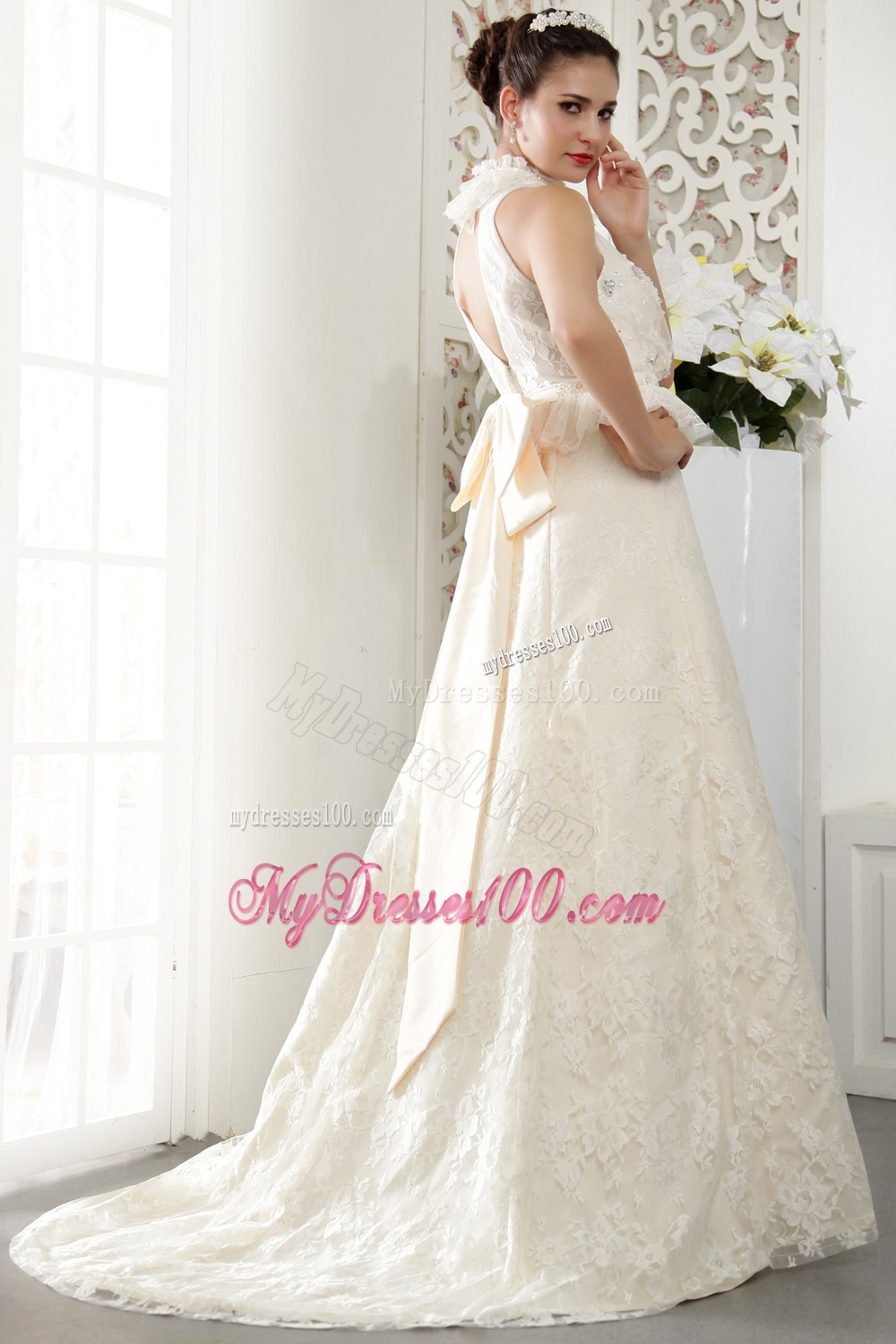 Popular High-neck Lace Beading and Ruches Wedding Dresses