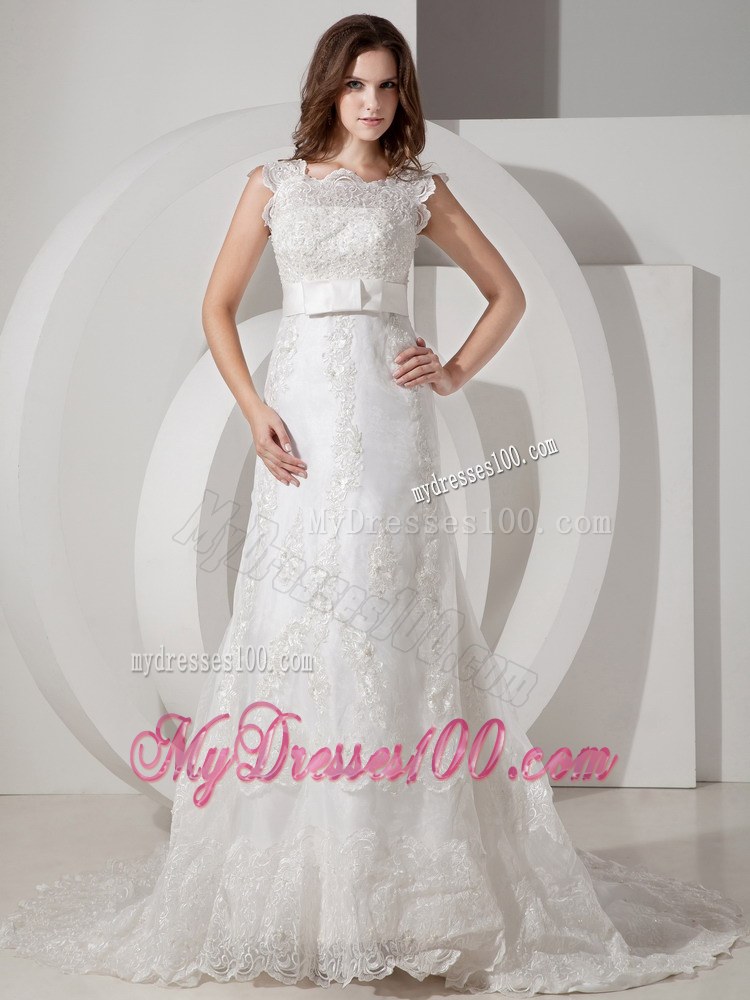 Popular Square Court Train Lace Wedding Dress with Bowknot