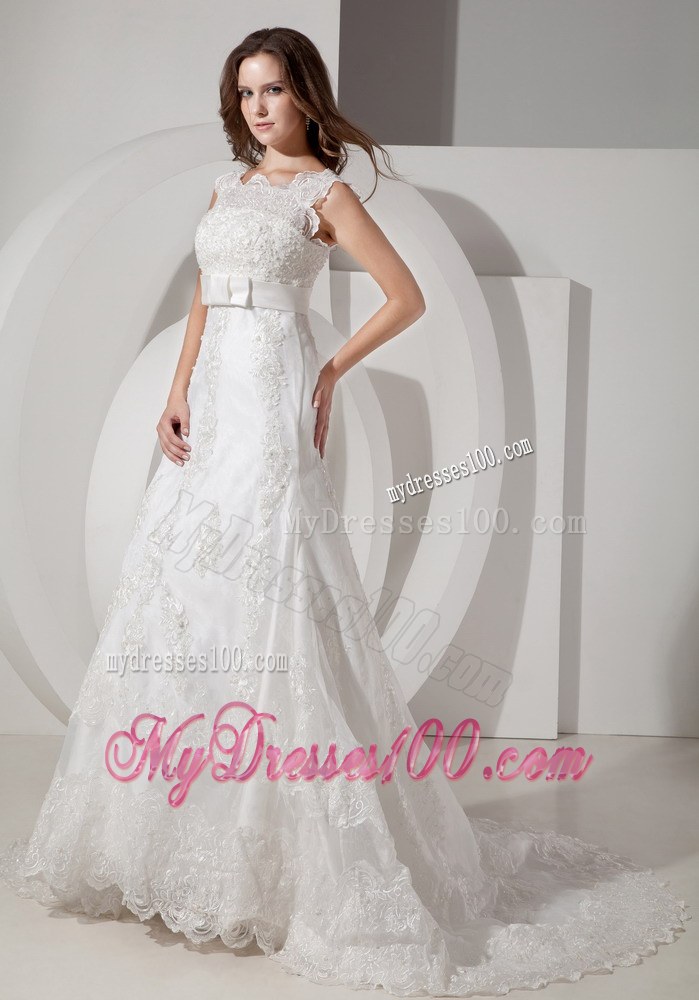 Popular Square Court Train Lace Wedding Dress with Bowknot