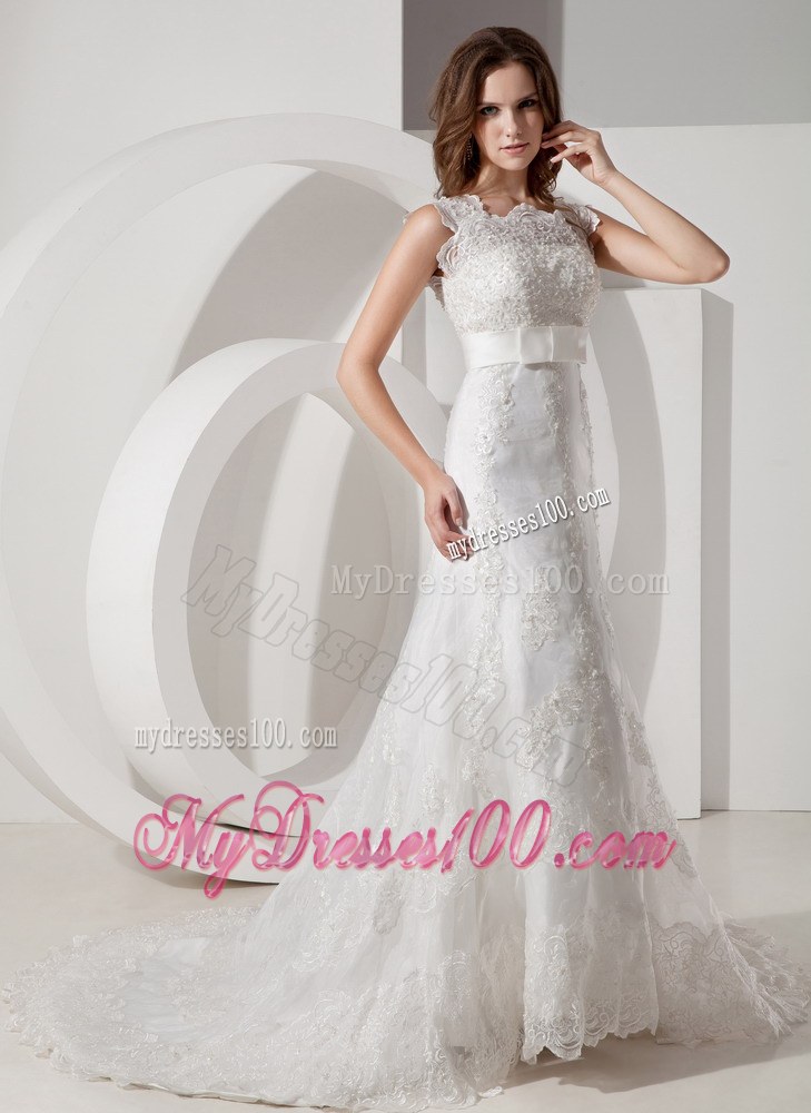 Popular Square Court Train Lace Wedding Dress with Bowknot
