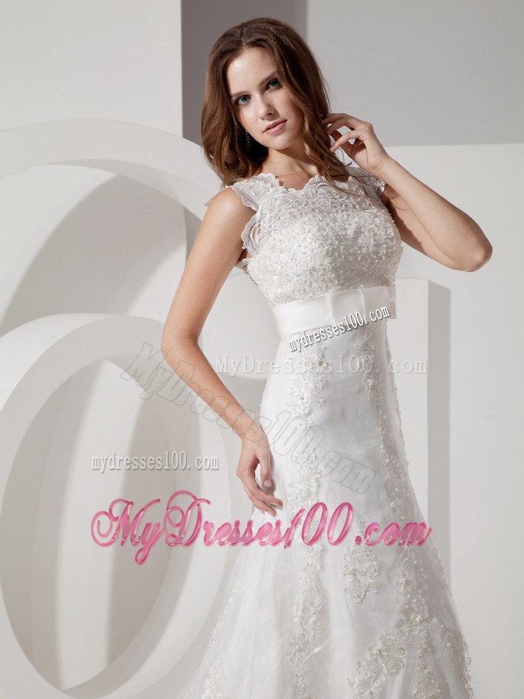 Popular Square Court Train Lace Wedding Dress with Bowknot
