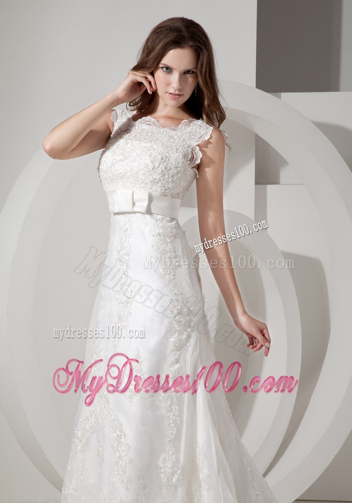 Popular Square Court Train Lace Wedding Dress with Bowknot