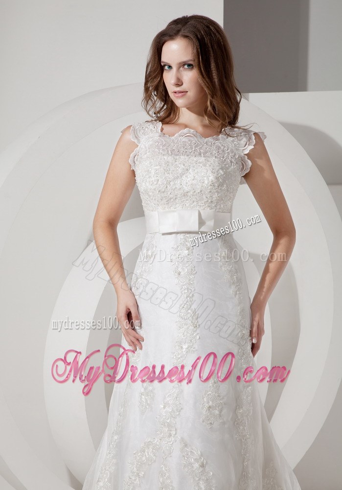 Popular Square Court Train Lace Wedding Dress with Bowknot