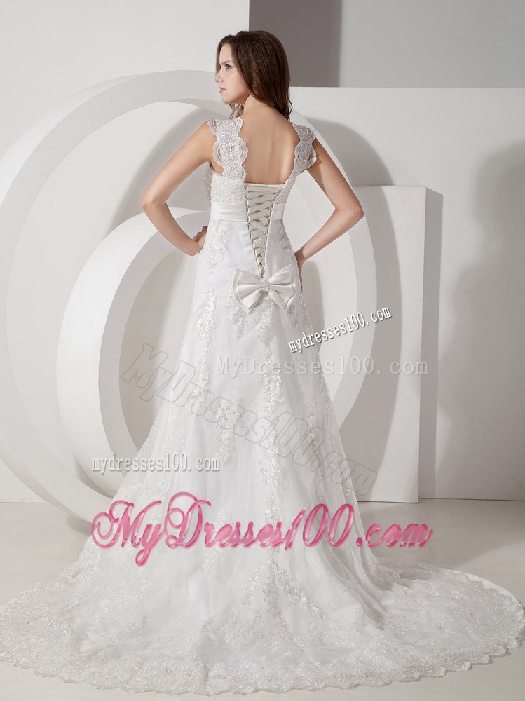 Popular Square Court Train Lace Wedding Dress with Bowknot