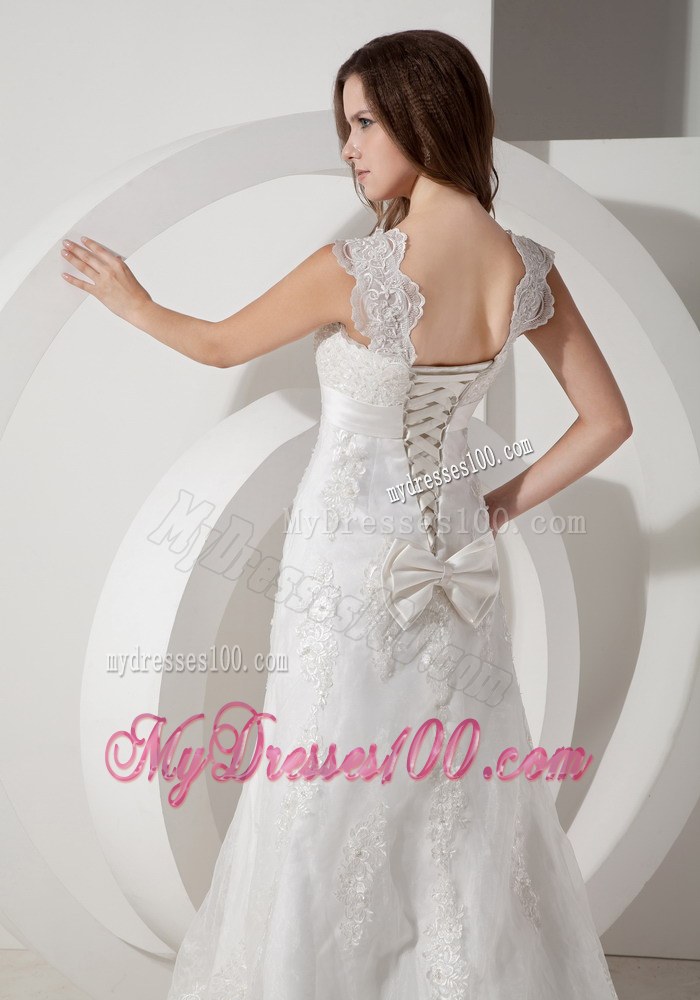 Popular Square Court Train Lace Wedding Dress with Bowknot