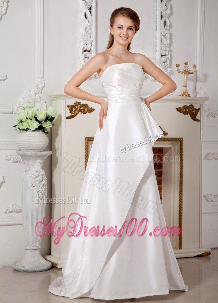 Popular Strapless Brush Train Wedding Gown with Beading and Bowknot