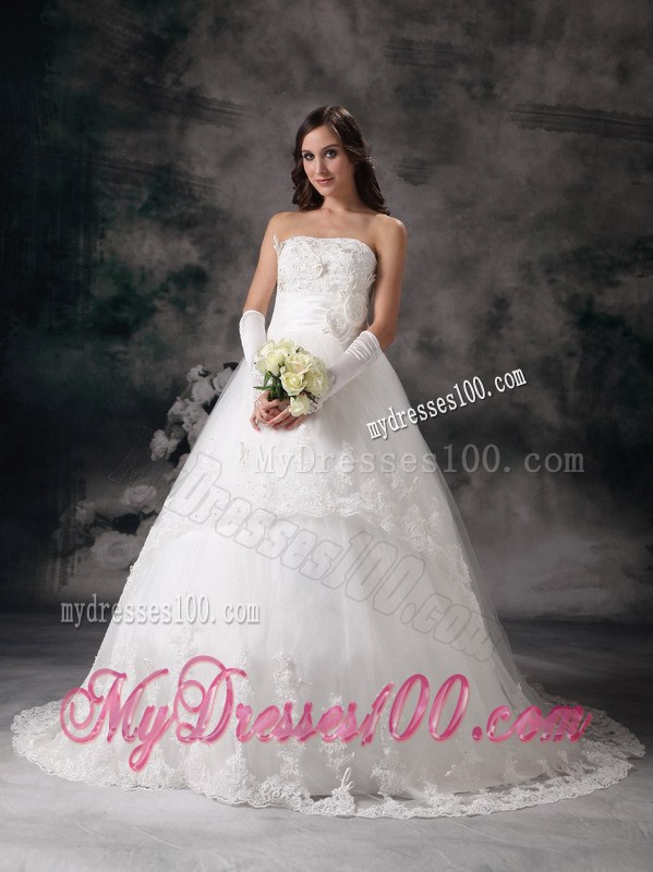 Lace Court Train Wedding Dresses with Hand Made Flowers and Bow