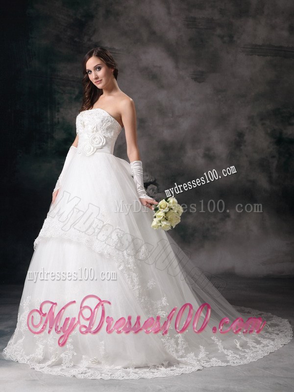 Lace Court Train Wedding Dresses with Hand Made Flowers and Bow