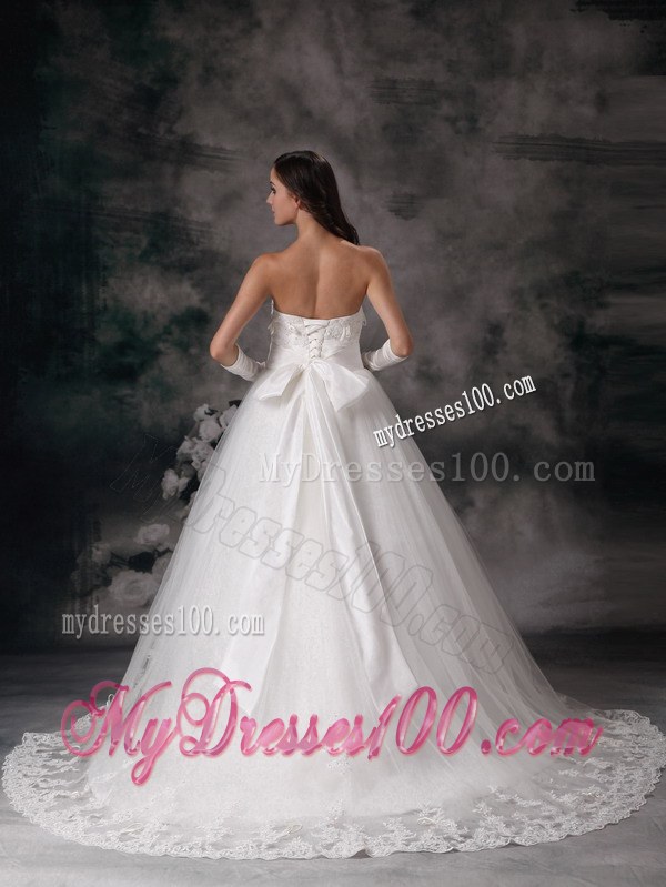 Lace Court Train Wedding Dresses with Hand Made Flowers and Bow