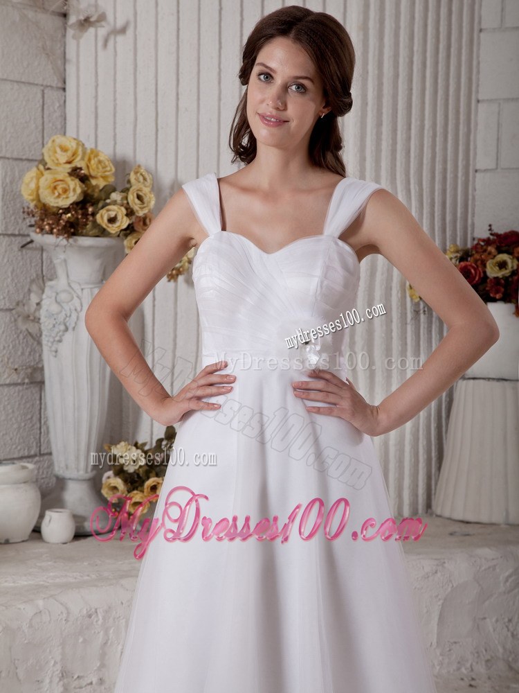 Popular Straps Brush Train Wedding Dresses with Flowers and Ruches