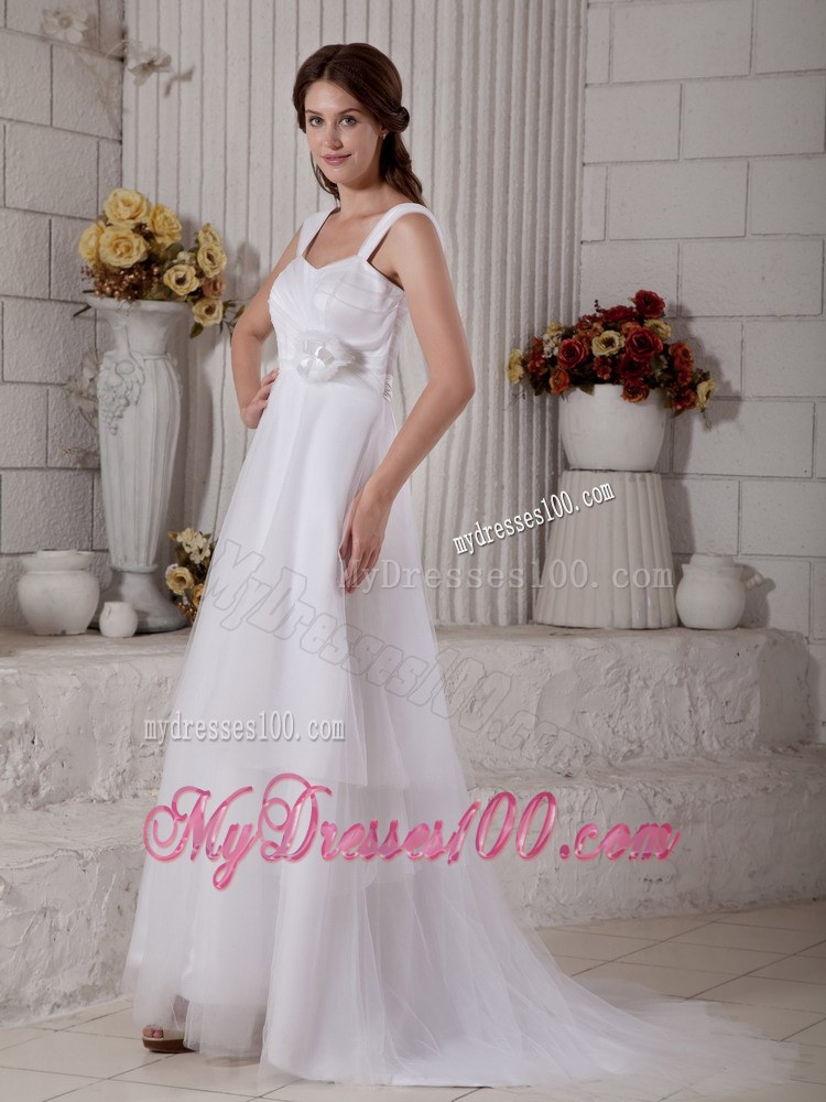 Popular Straps Brush Train Wedding Dresses with Flowers and Ruches