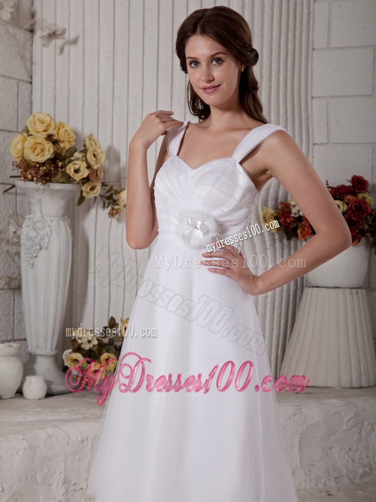 Popular Straps Brush Train Wedding Dresses with Flowers and Ruches