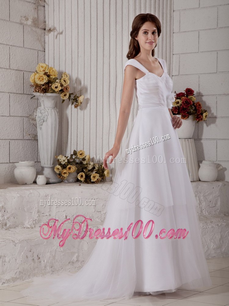 Popular Straps Brush Train Wedding Dresses with Flowers and Ruches