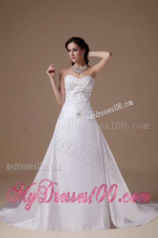 Popular Sweetheart Court Train Satin Embroidery Wedding Dresses