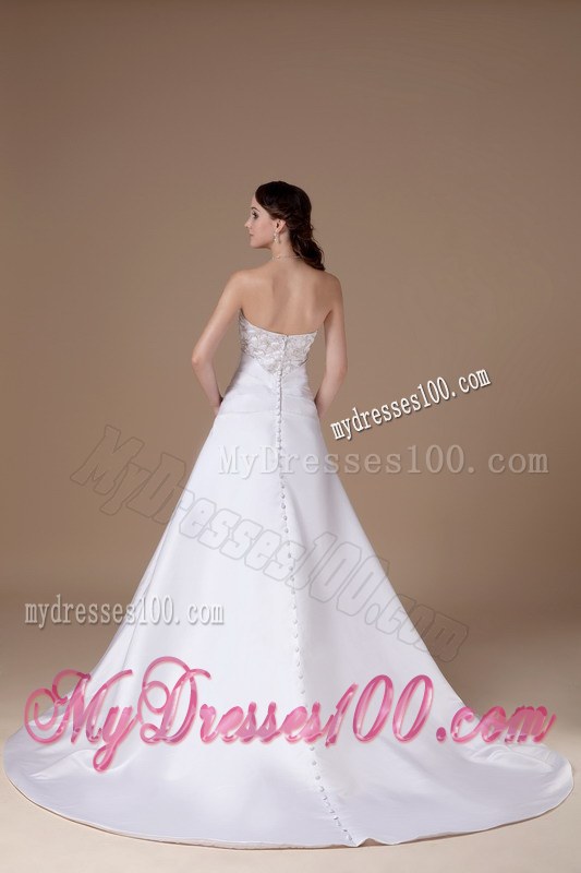 Popular Sweetheart Court Train Satin Embroidery Wedding Dresses