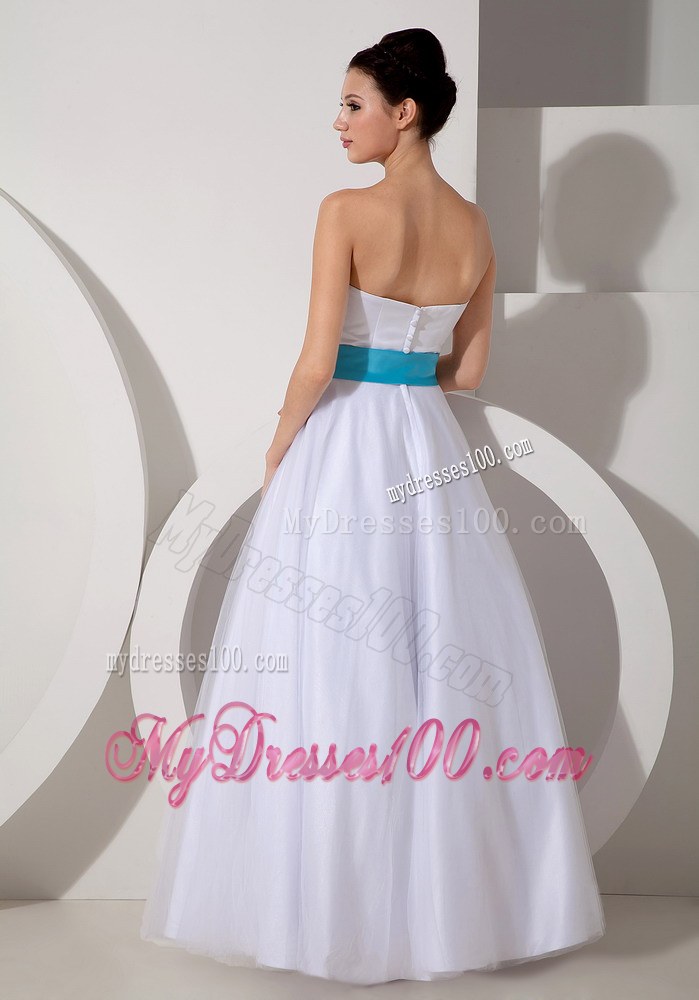 Popular Sweetheart Floor-length Discount Wedding Dress with Blue Sash
