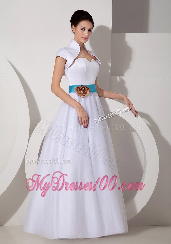 Popular Sweetheart Floor-length Discount Wedding Dress with Blue Sash