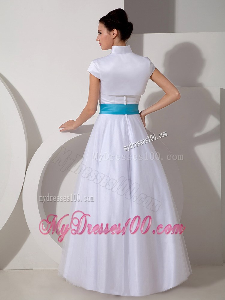 Popular Sweetheart Floor-length Discount Wedding Dress with Blue Sash