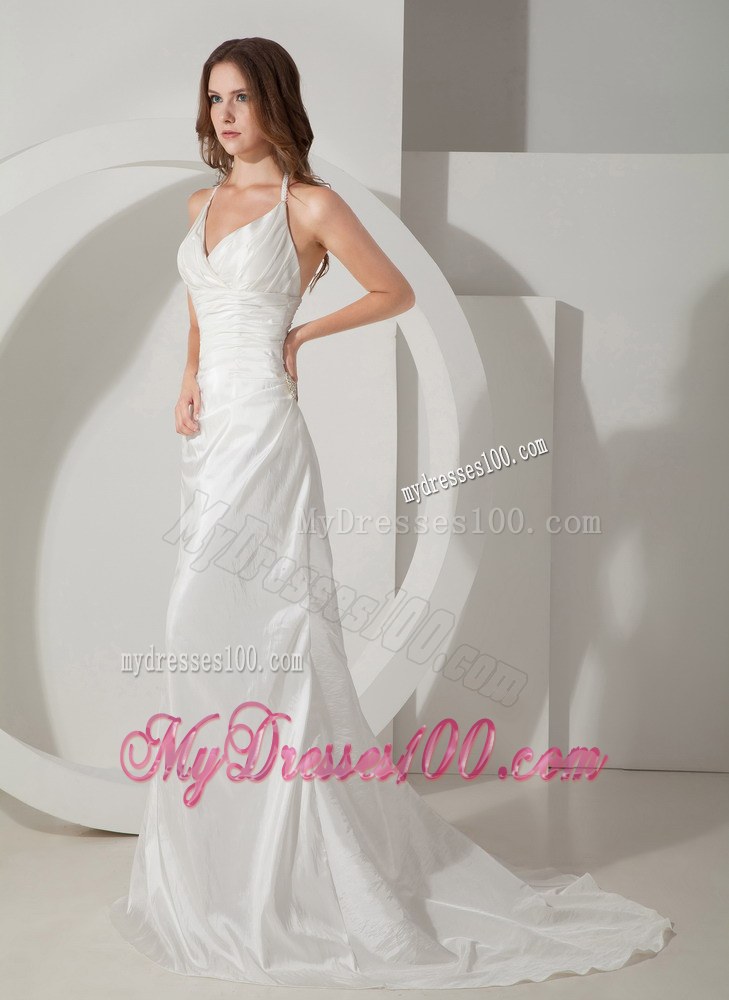 Popular Column Halter Brush Train Ruched Elegant Wedding Dresses