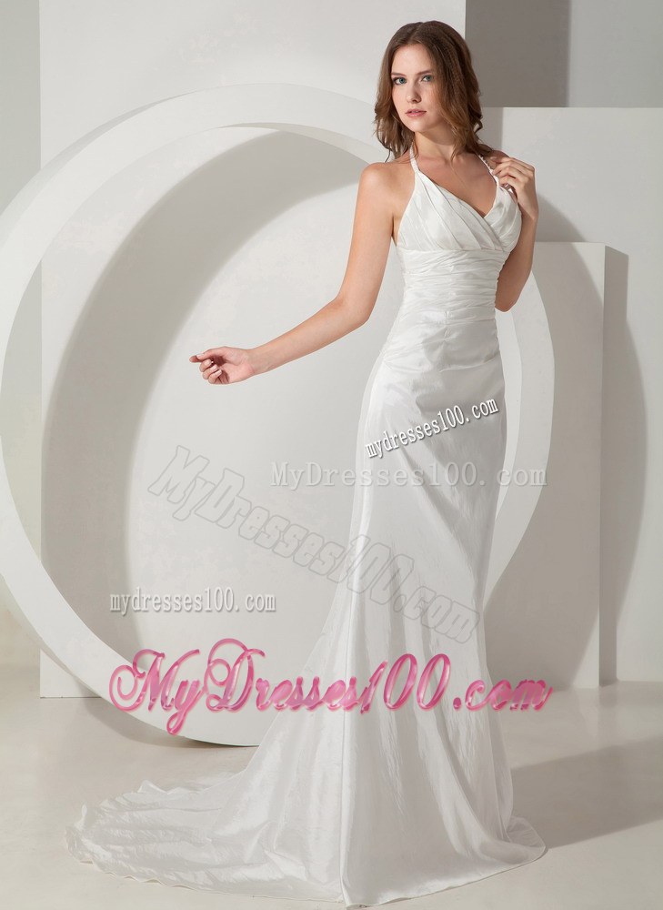 Popular Column Halter Brush Train Ruched Elegant Wedding Dresses