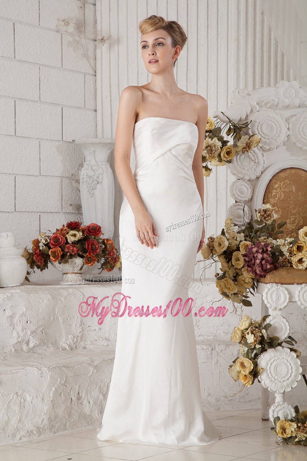 Popular Column Strapless Brush Train Wedding Dress with Ruching