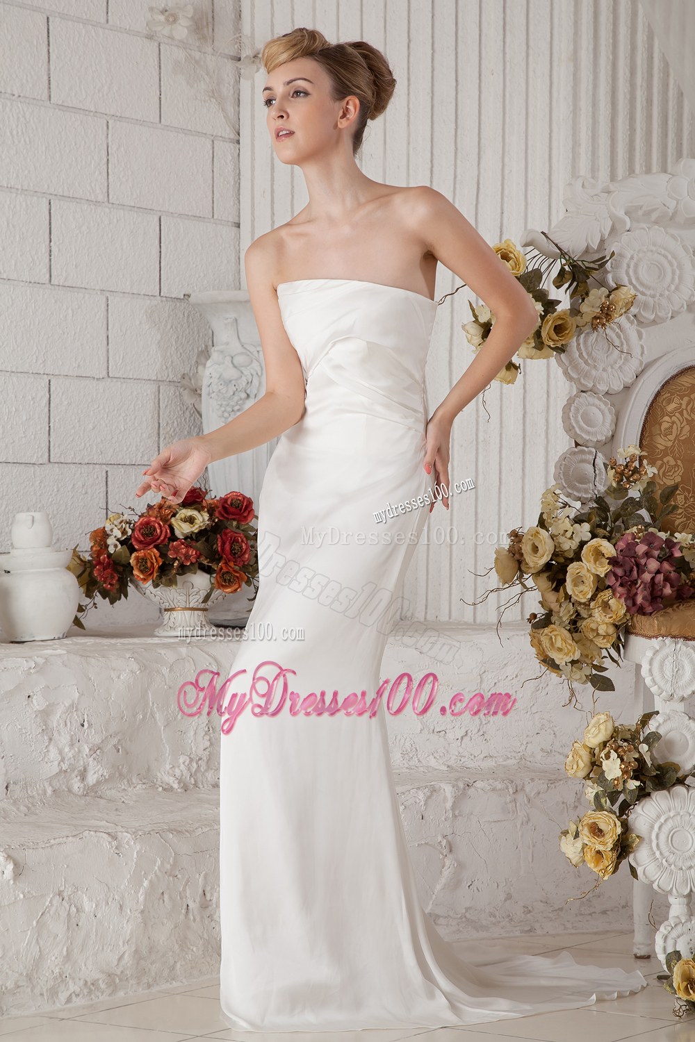 Popular Column Strapless Brush Train Wedding Dress with Ruching