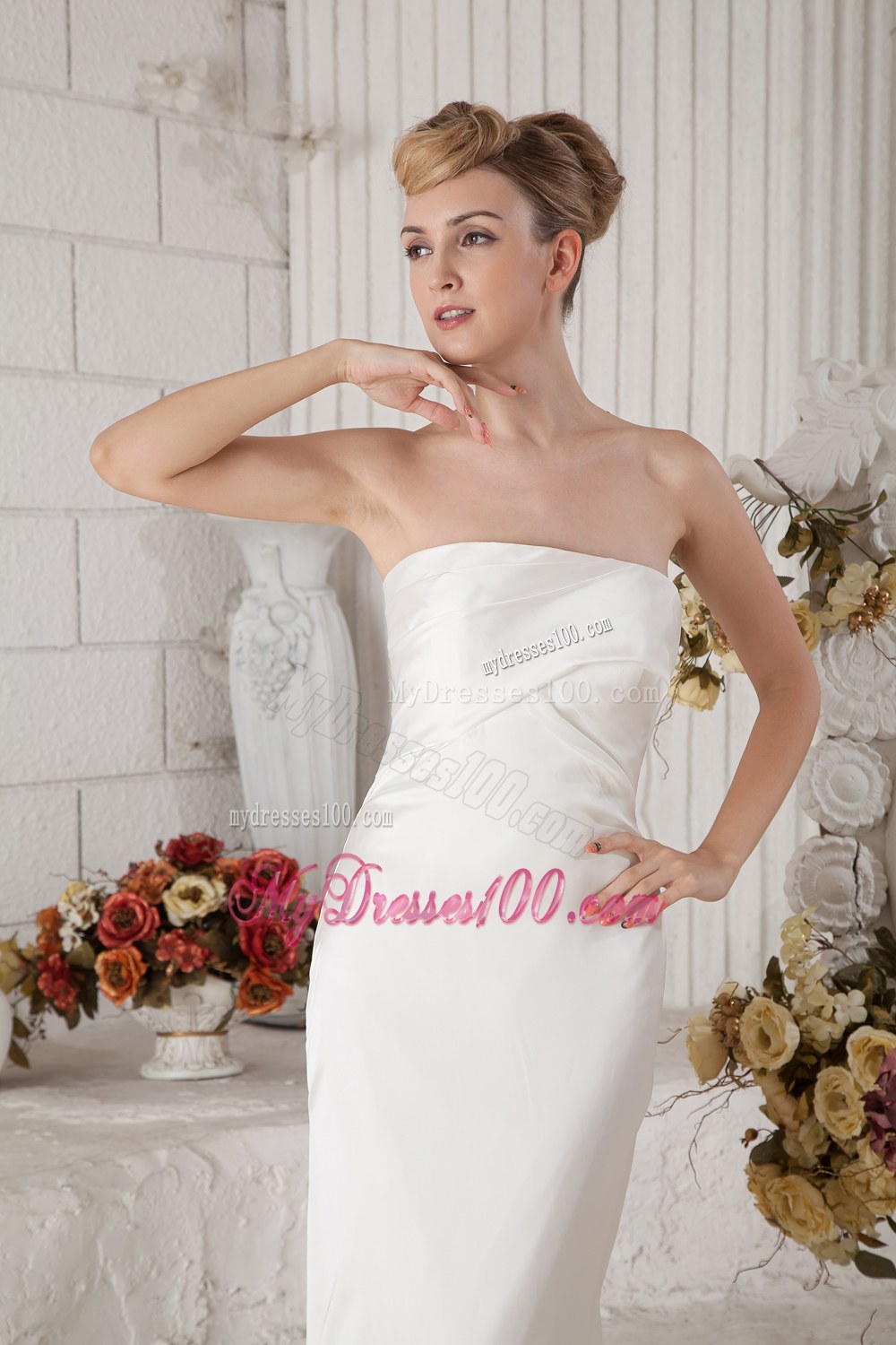 Popular Column Strapless Brush Train Wedding Dress with Ruching