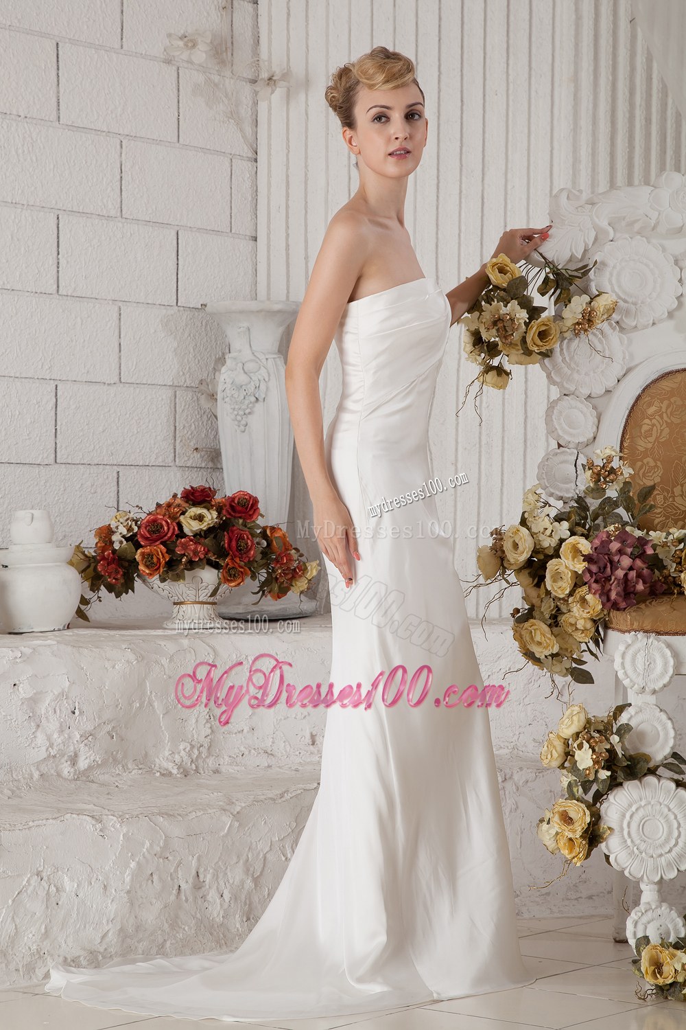 Popular Column Strapless Brush Train Wedding Dress with Ruching