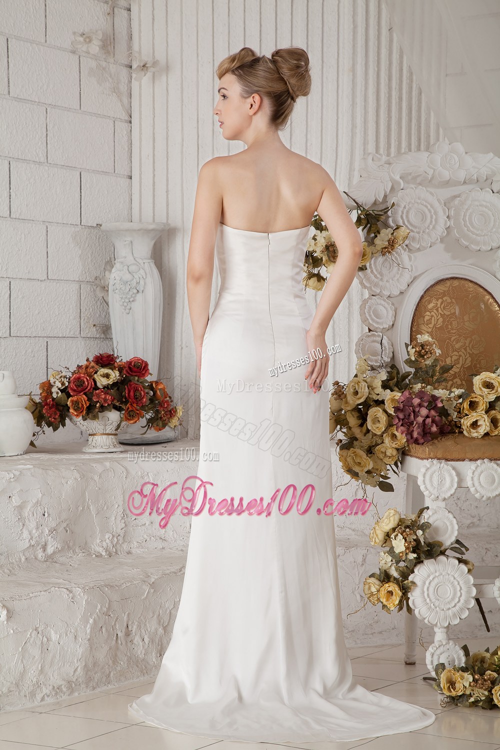 Popular Column Strapless Brush Train Wedding Dress with Ruching