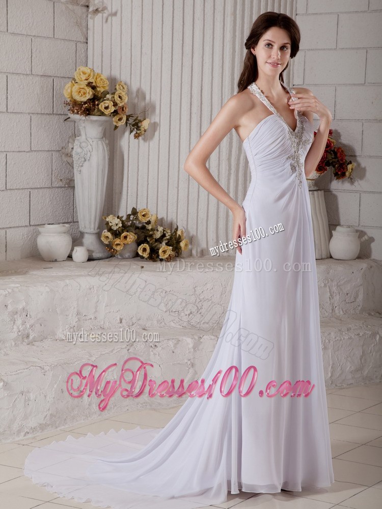 Popular Column V-neck Brush Train Discount Wedding Dress with Beading