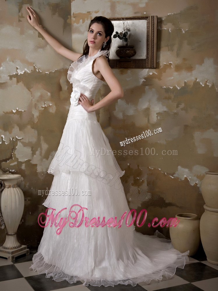 Pretty Halter Court Train Hand Made Flowers Bridal Dresses for 2013