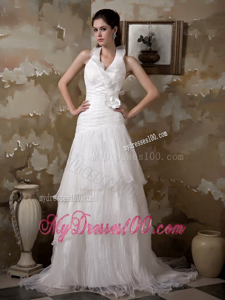 Pretty Halter Court Train Hand Made Flowers Bridal Dresses for 2013