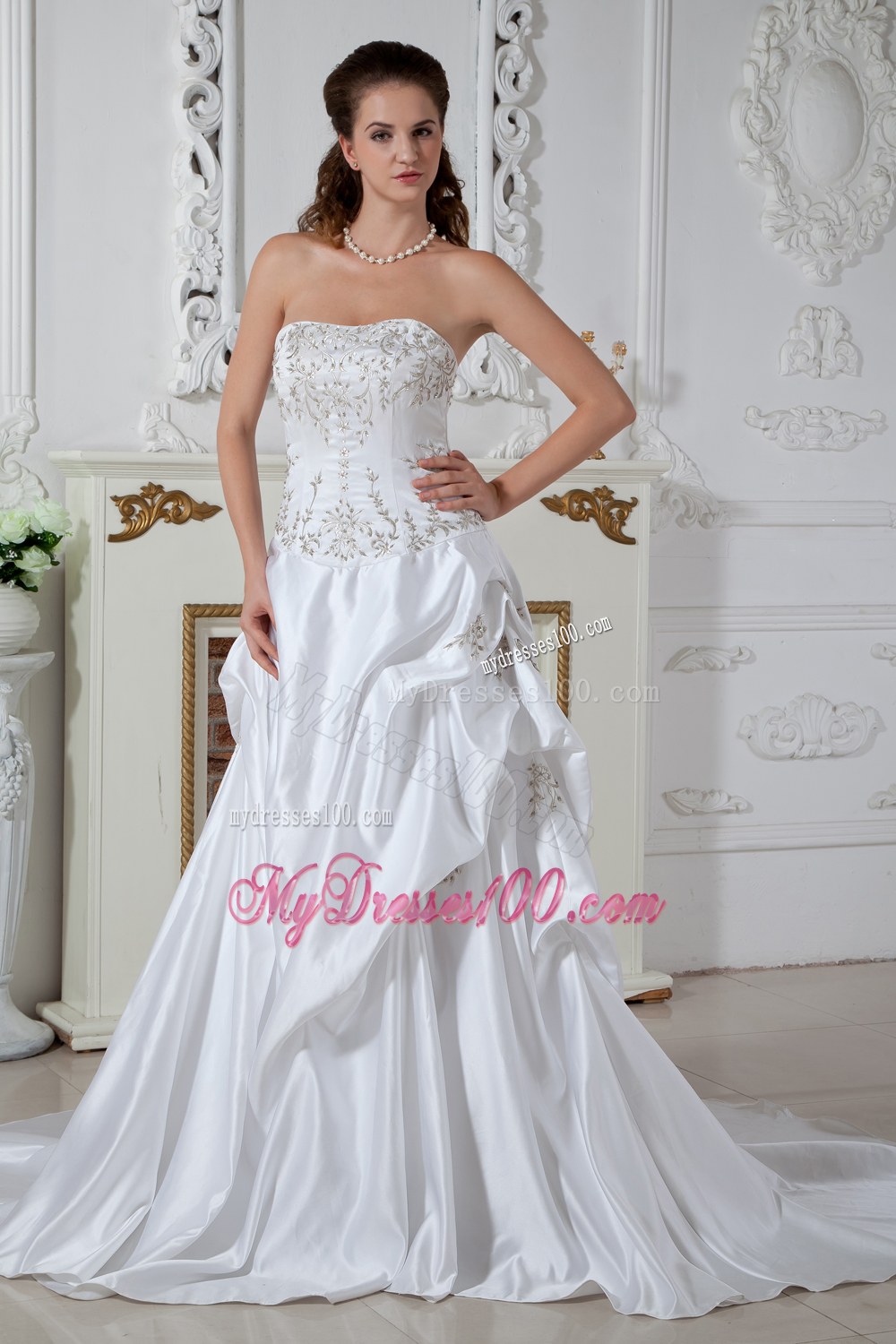 Strapless Court Train Embroidery Wedding Dress with Pick-ups