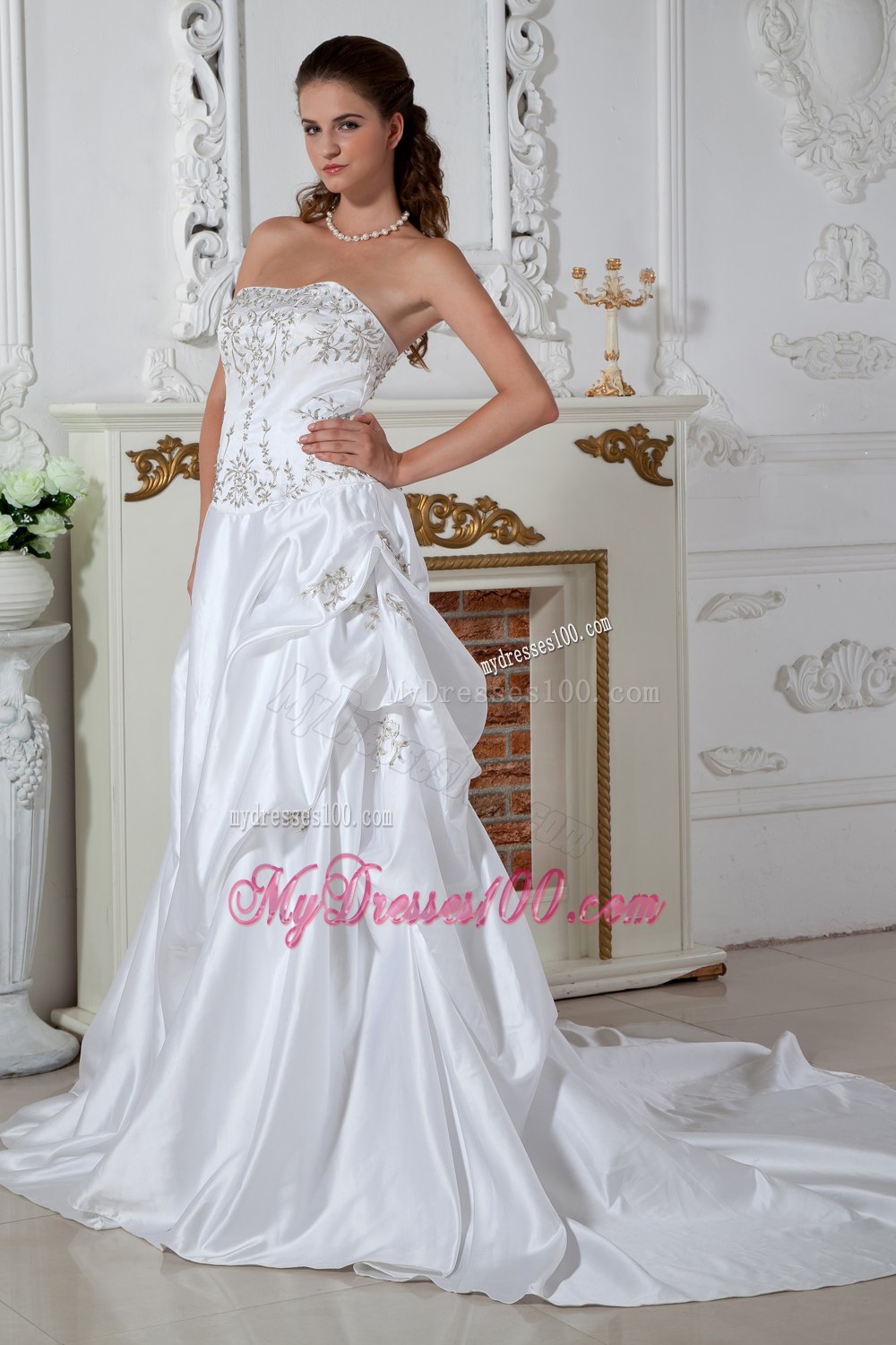 Strapless Court Train Embroidery Wedding Dress with Pick-ups