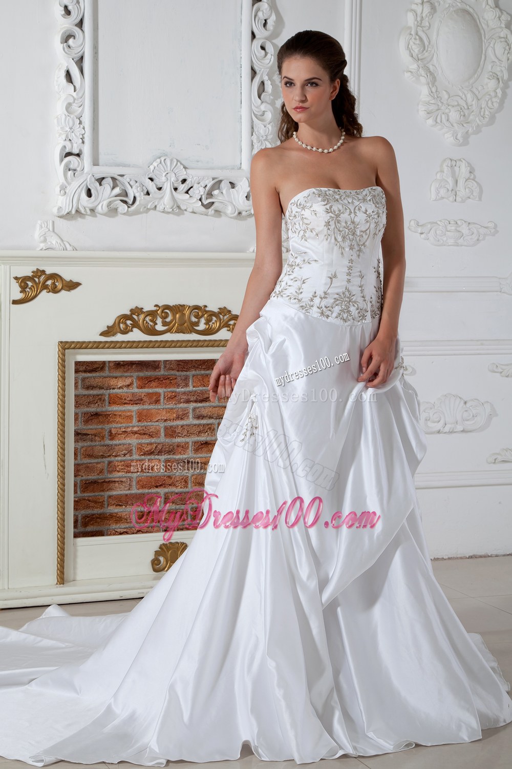 Strapless Court Train Embroidery Wedding Dress with Pick-ups