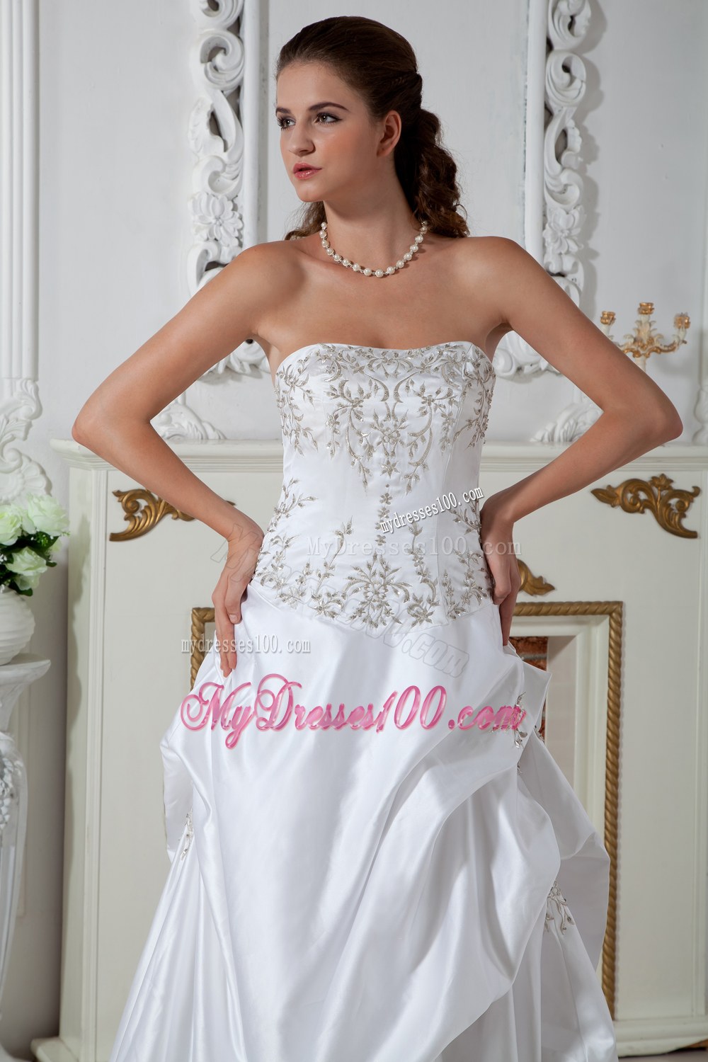 Strapless Court Train Embroidery Wedding Dress with Pick-ups